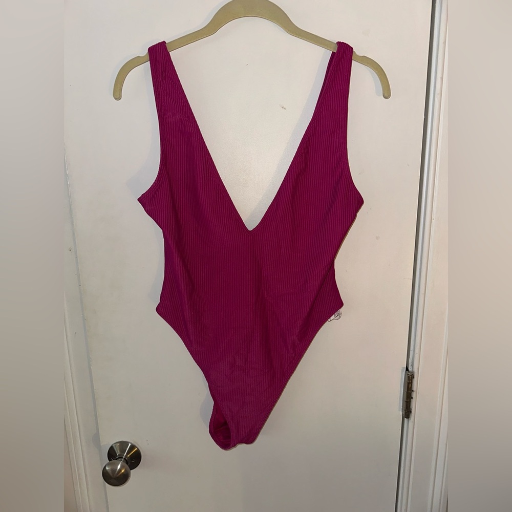 Forever 21 Pink V Neck Ribbed One Piece Swimsuit